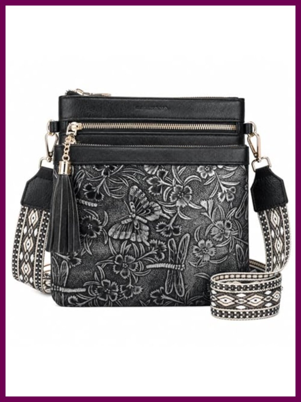 Embossed Vegan Leather Crossbody Bag Tassel Travel Purse
